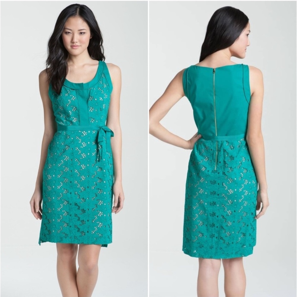 T Tahari Green Eyelet Lace Sheath Dress without Belt